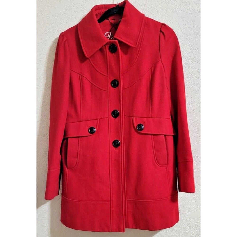 GUESS Women's Red Wool/Polyester Peacoat Coat Jacket Size Large
